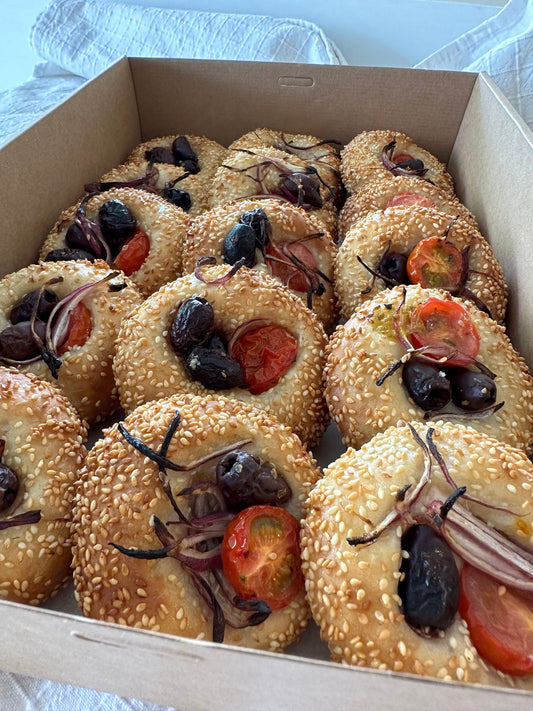 cherry tomatoes and olive vegan focaccia box