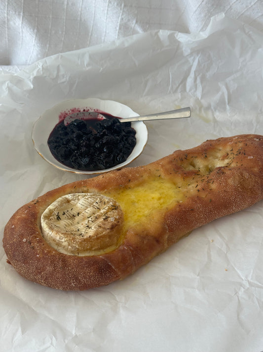 Family size brie focaccia with blueberry compote